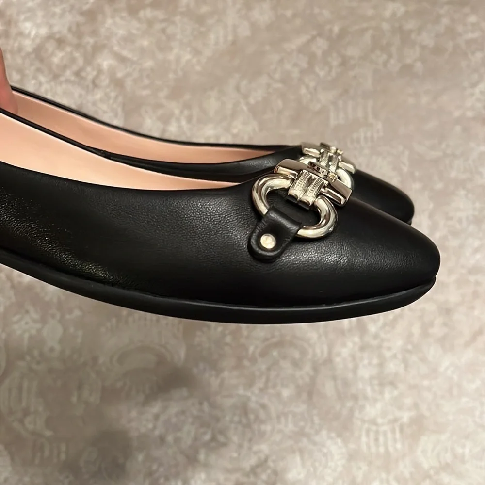 Brand New Kate Spade Genuine Leather Black Flats Slip On Shoes Silver Tone Logo